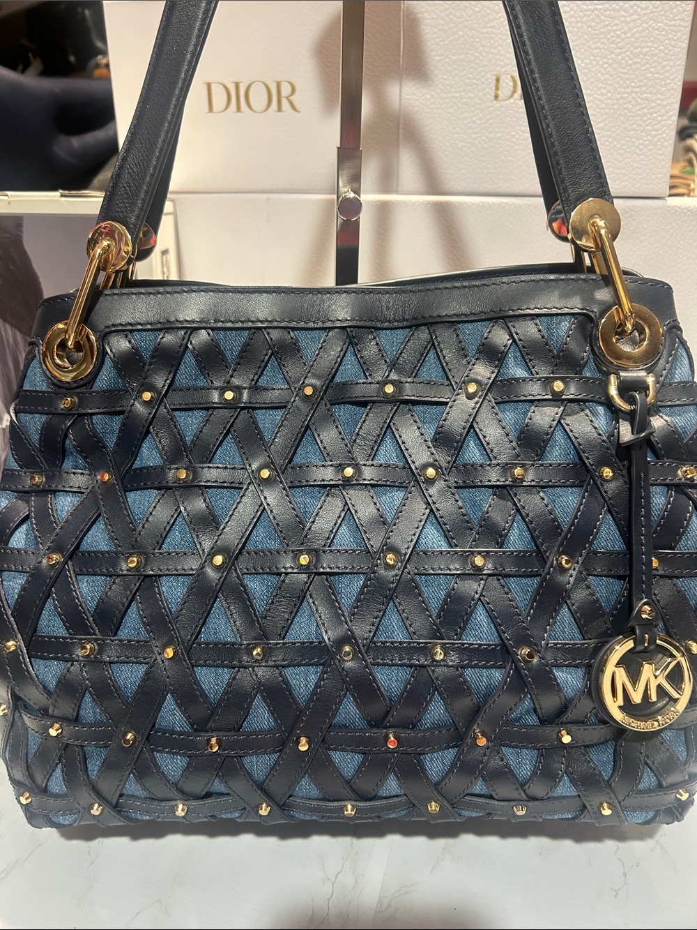 Michael Kors Raven Navy Blue Quilted Lattice Studded Shoulder Bag